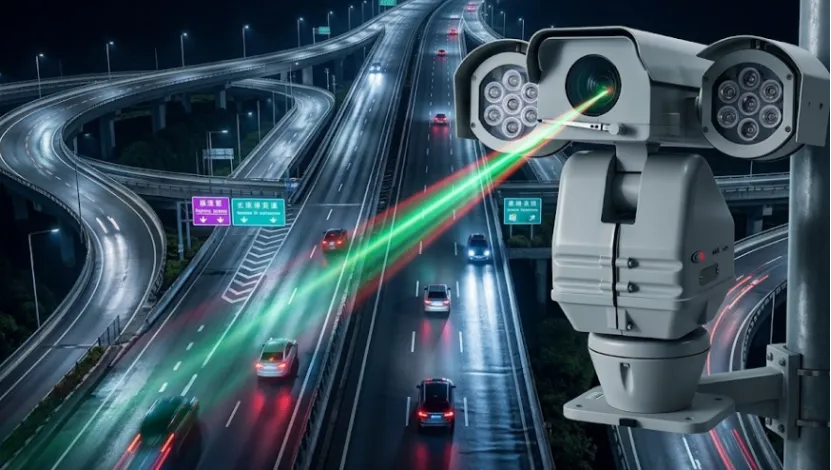 Long-range PTZ camera with laser tracking night traffic.