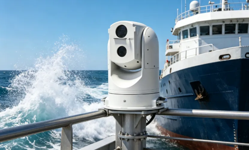 Rugged marine PTZ camera mounted on a ship railing.