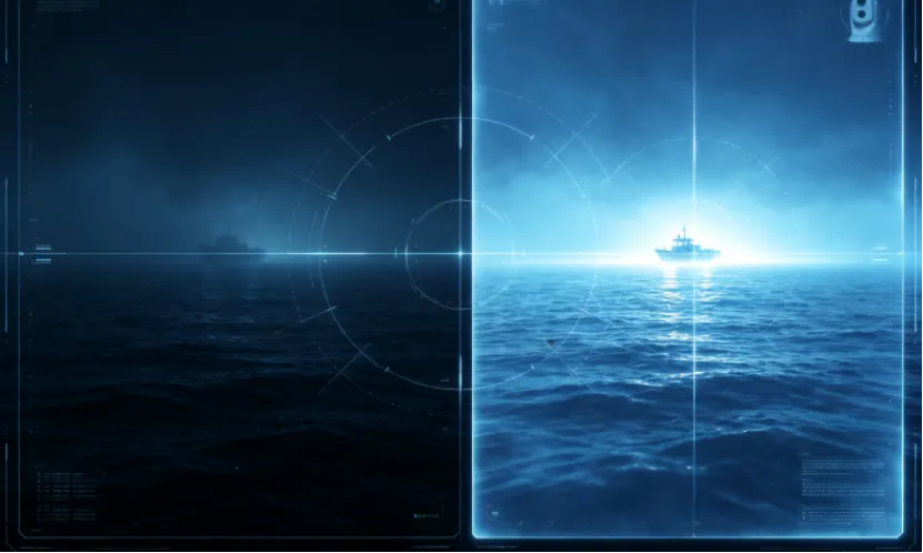 Split-screen comparison of normal night vision and thermal imaging at sea.