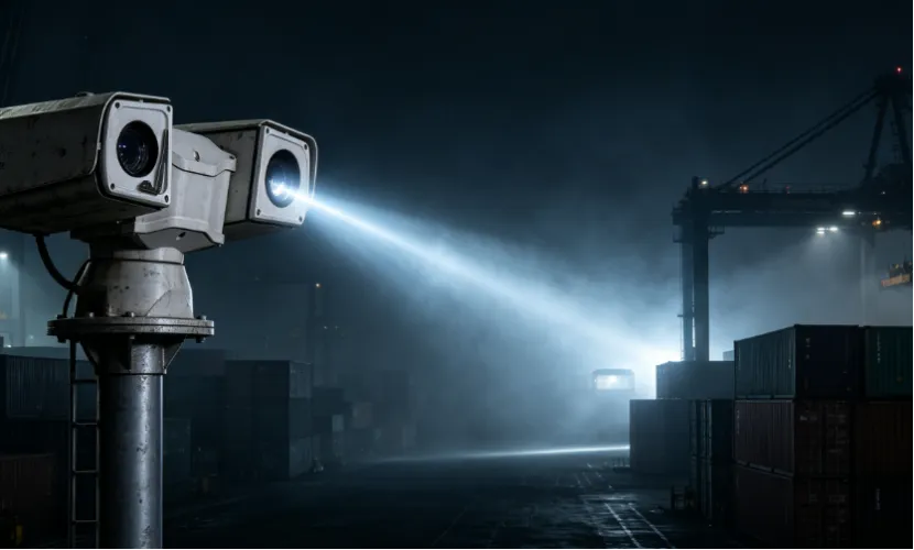 Laser PTZ camera illuminating a dark port at night