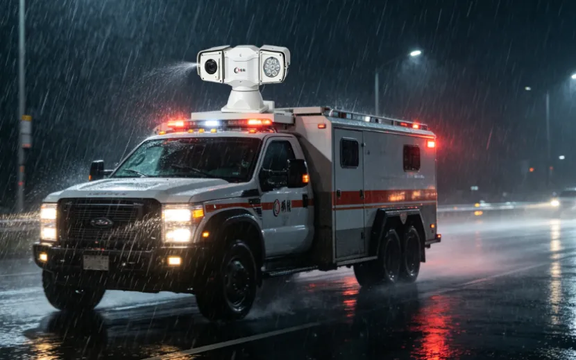 PTZ camera on emergency vehicle driving in heavy rain