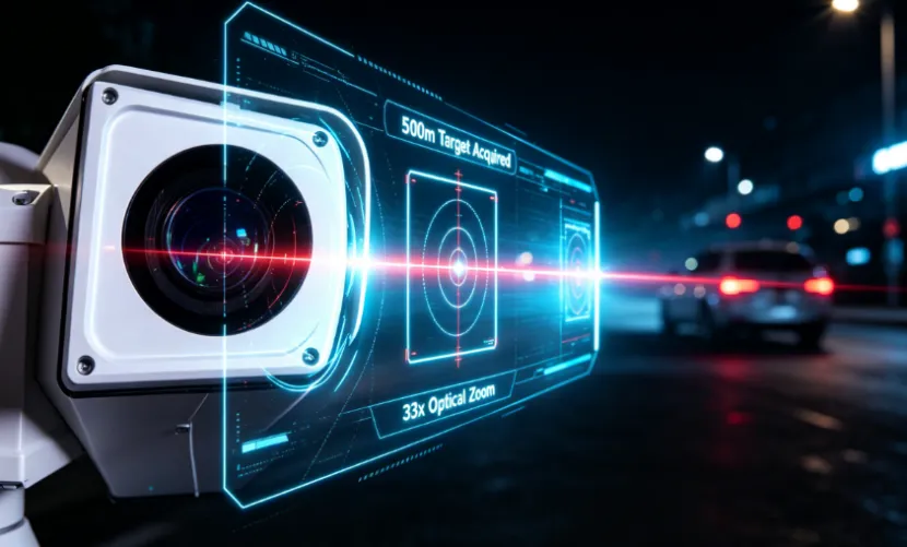 PTZ camera with optical zoom tracking a vehicle