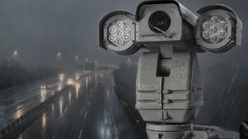 Rugged PTZ camera with a wiper monitoring a highway in heavy rain at night