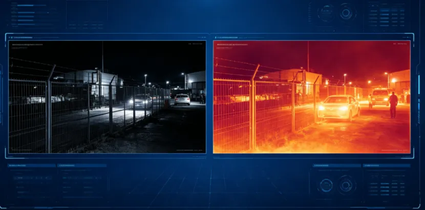 Thermal vs visible security camera view comparison