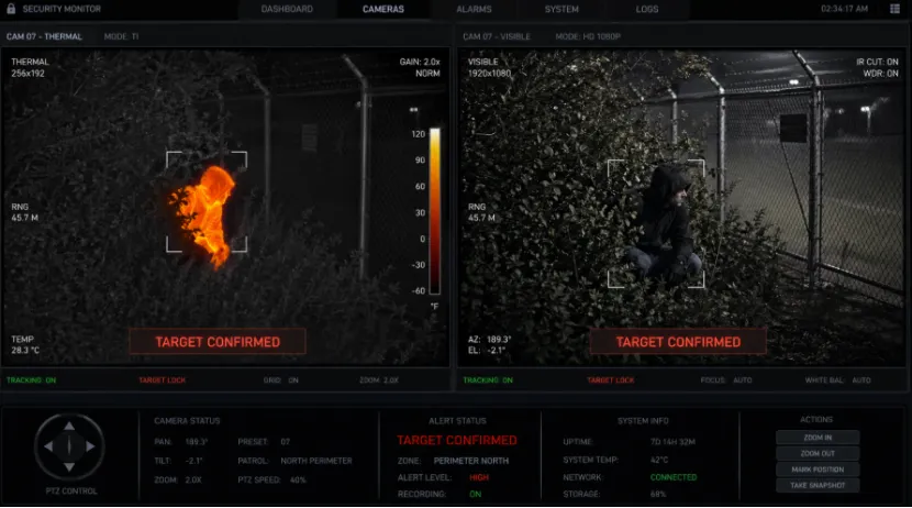 Thermal vs. visible split-screen of an intruder in bushes
