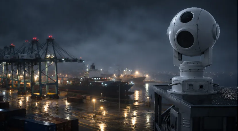 White PTZ surveillance camera monitoring a dark, rainy shipping port at night