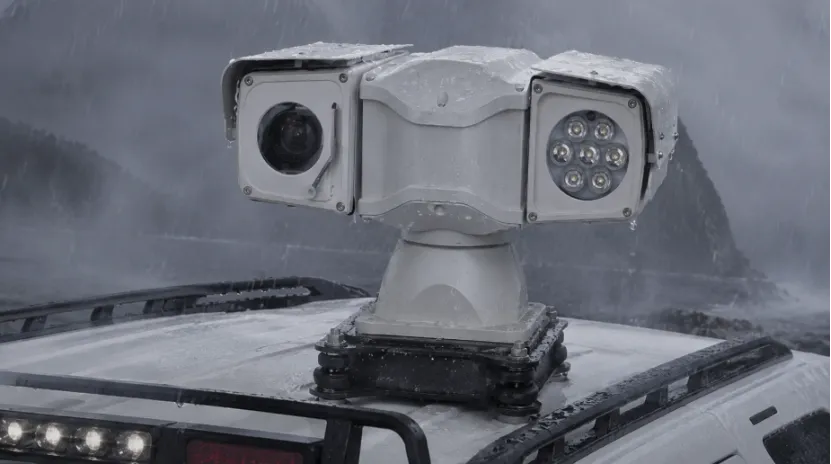 Close-up of a rugged vehicle PTZ camera enduring heavy rain and fog on an emergency vehicle roof