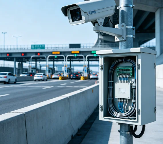 Telecamera di sicurezza autostradale che monitora un ponte e una corsia di pedaggio