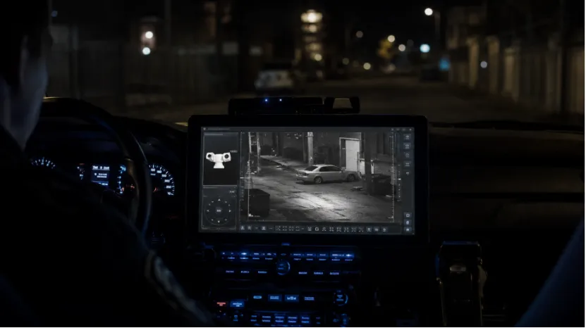 Police car interior dashboard monitor displaying black-and-white night vision surveillance footage