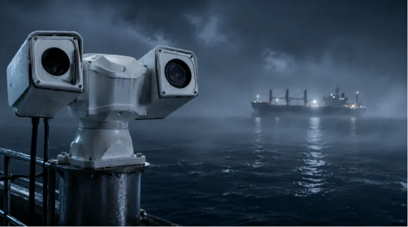 Rugged bi-spectral PTZ camera monitoring a ship in a foggy harbor at night
