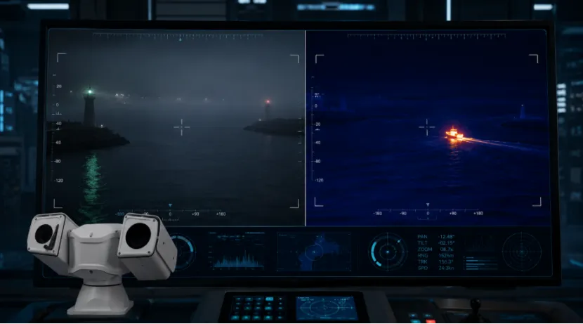 Security monitor displaying split-screen visible and thermal imaging of a coastal harbor