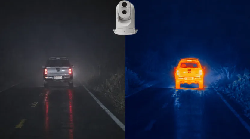 Split-screen comparing visible light and thermal imaging of a vehicle at night