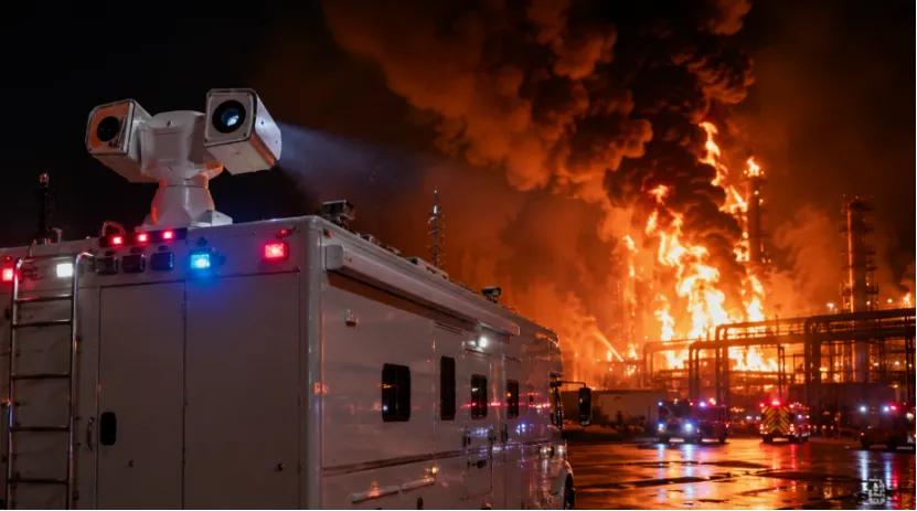 White mobile command vehicle with a roof PTZ camera monitoring a large industrial fire