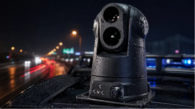 Close-up of a rugged, vehicle-mounted thermal PTZ camera covered in raindrops at night