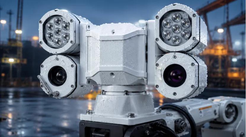 Close-up of a rugged, weatherproof multi-spectral PTZ camera payload with water droplets
