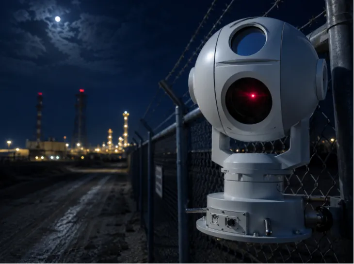 Night vision PTZ security camera mounted on an oil depot perimeter fence