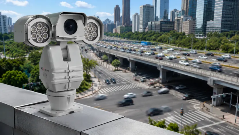 Outdoor PTZ camera monitoring a busy city highway intersection during the day