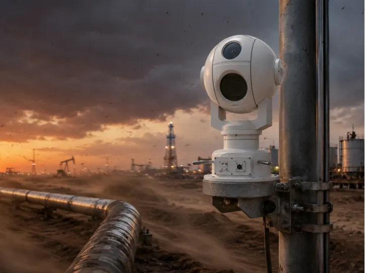 Rugged PTZ surveillance camera monitoring an oil field pipeline at dusk