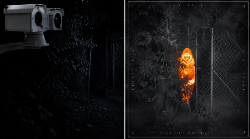 Split-screen view of a bi-spectral camera detecting a glowing hidden suspect behind a fence at night