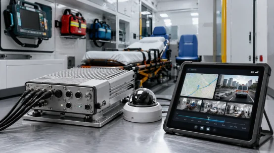 Ambulance MDVR system with dome camera and remote monitoring tablet