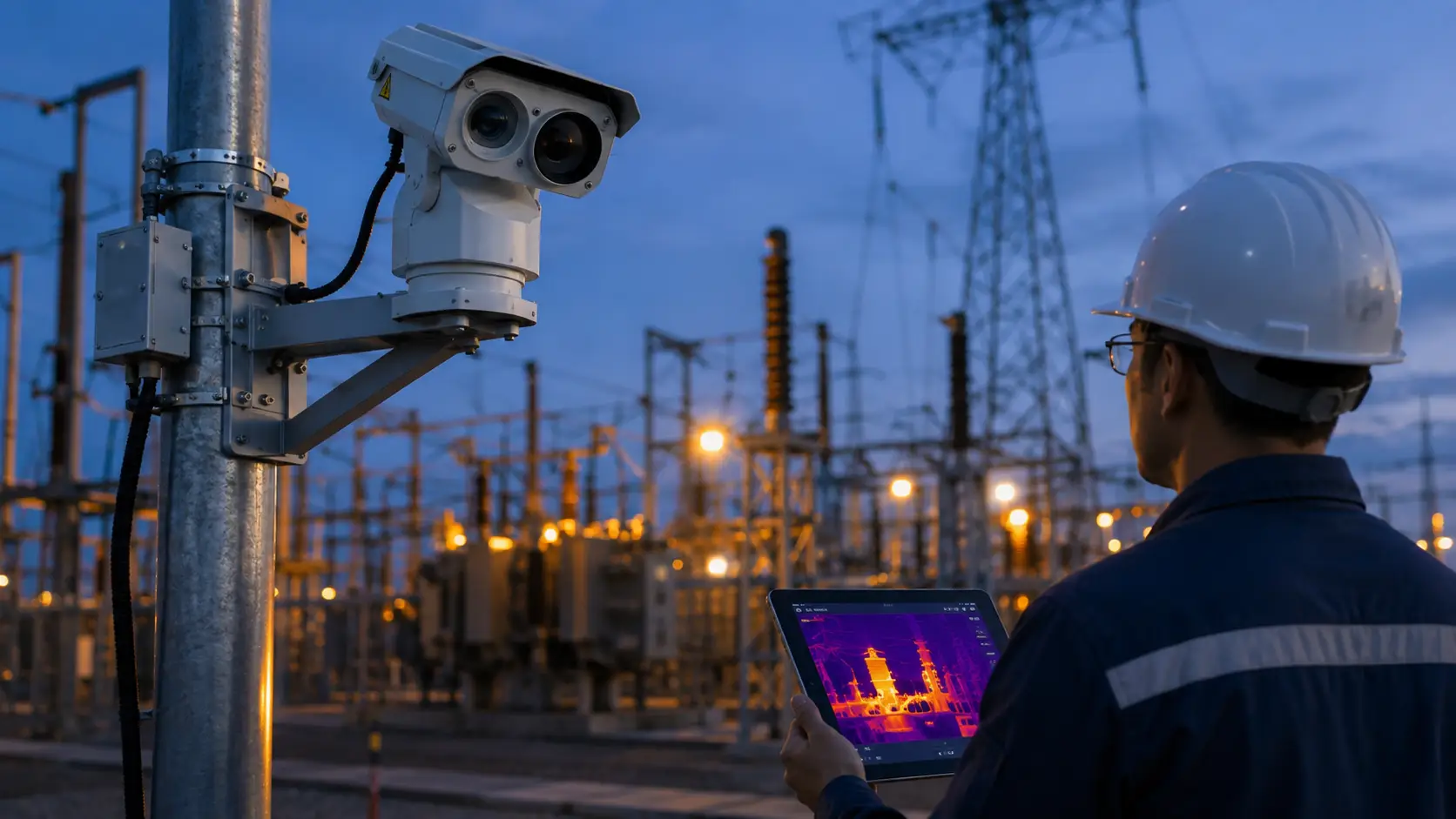 Engineer using a tablet to inspect substation equipment via thermal imaging camera