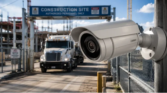 Fixed bullet security camera monitoring a construction site entrance gate