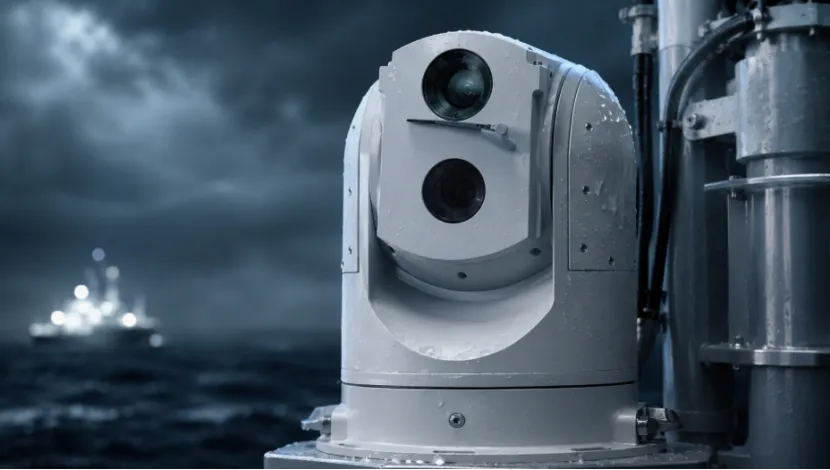 Marine PTZ camera mounted on a ship in stormy weather