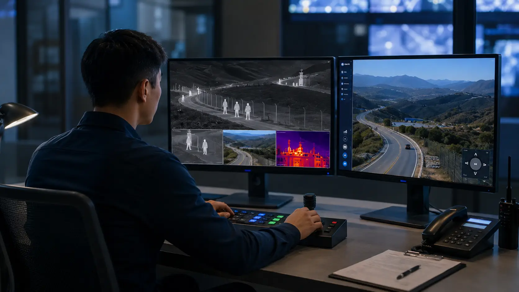 Security operator monitoring thermal and optical surveillance footage in a control room