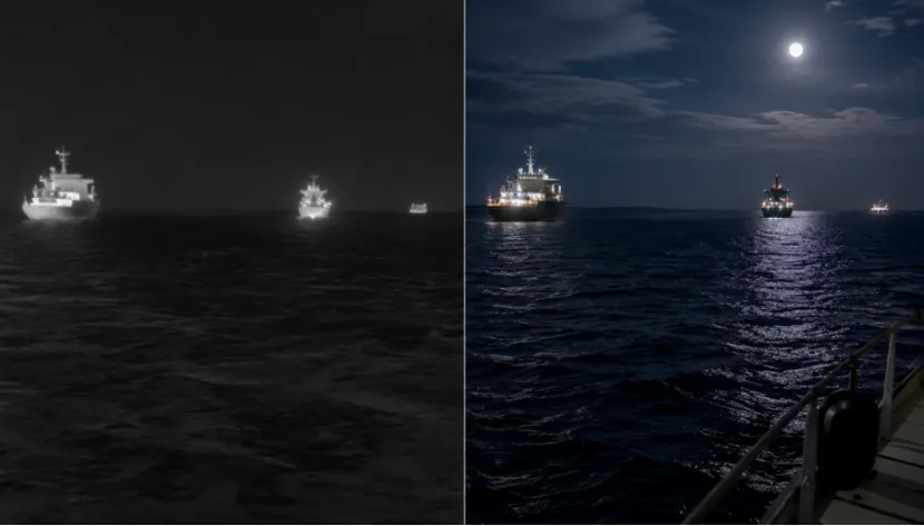 Thermal vs. low-light camera view of ships at night