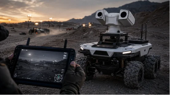 UGV robot with long-range PTZ surveillance camera in the field