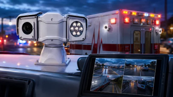 Vehicle PTZ camera and multi-channel screen in an ambulance