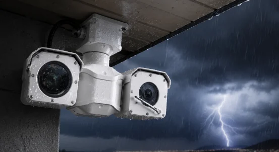 Weatherproof outdoor security camera mounted under eave during rain and lightning