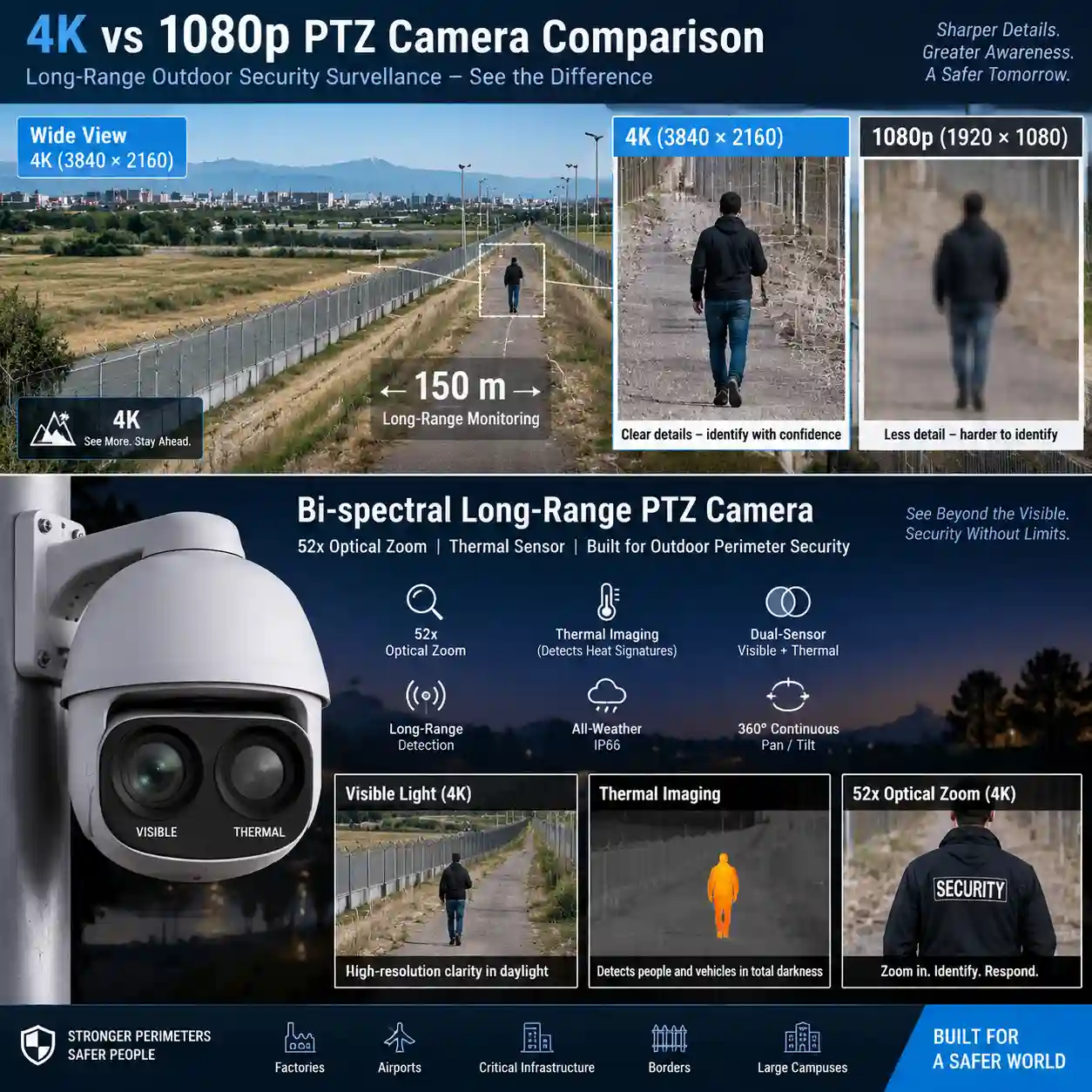 Bi-spectral long-range PTZ camera with 52x optical zoom and thermal sensor for outdoor perimeter security