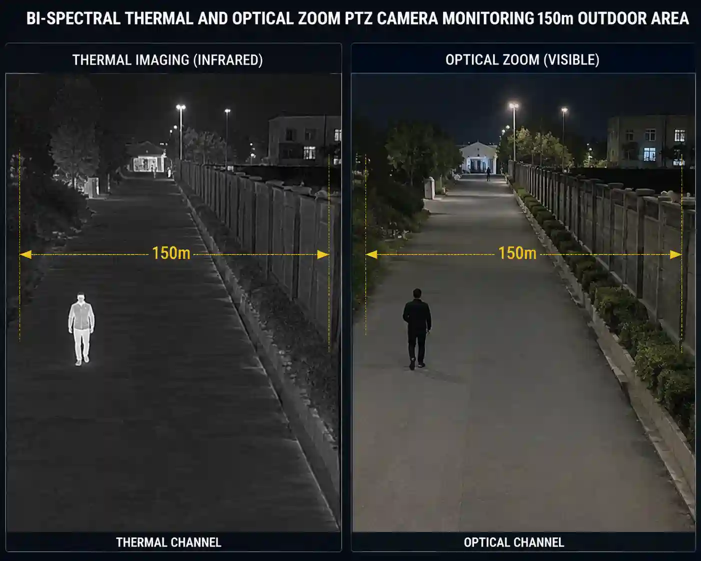 Bi-spectral thermal and optical zoom PTZ camera monitoring 150m outdoor area
