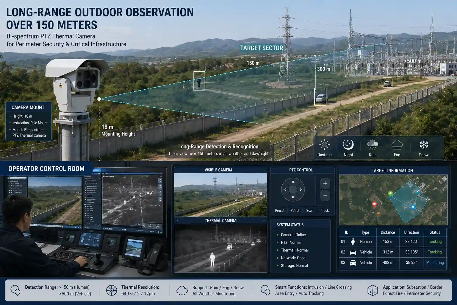 Bi-spectral thermal imaging and 52x optical zoom visible light channel split-screen view for long)