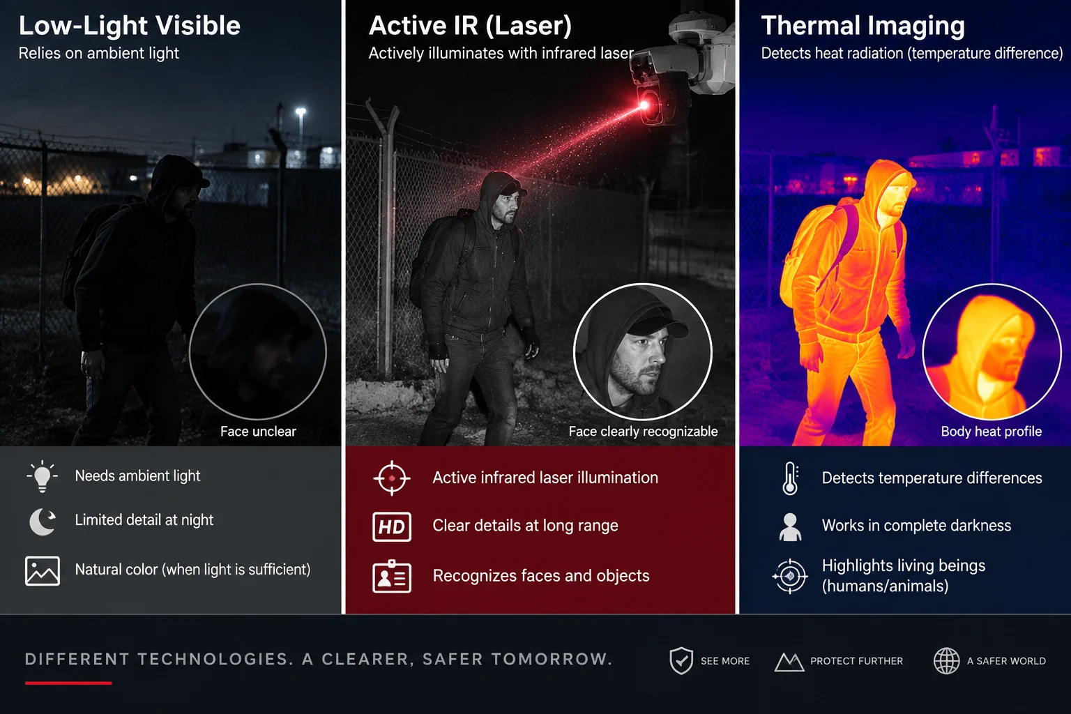 Low light visible active IR vs therma
