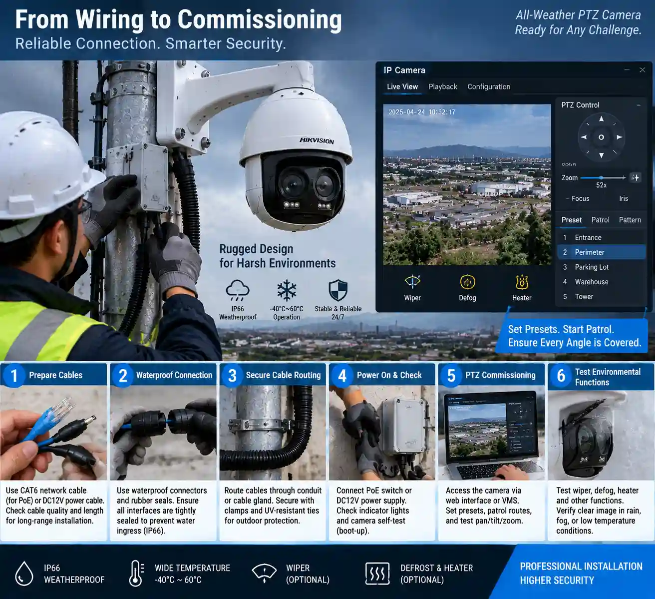 Outdoor PTZ camera weatherproof cable wiring and PTZ preset commissioning interface