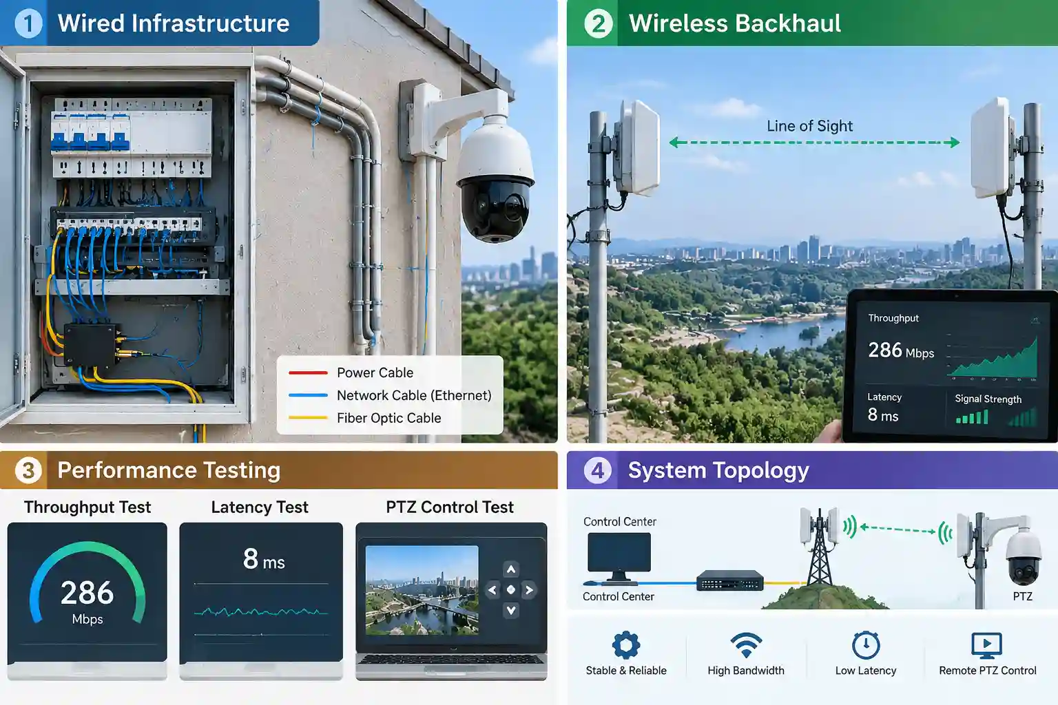 Physical cable route and line-of-sight wireless backhaul bandwidth testing for PTZ contro
