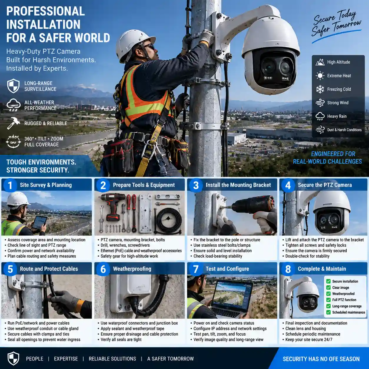Step-by-step outdoor PTZ IP camera installation and mounting guide for long-range security