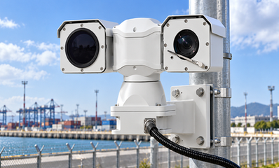 Dual PTZ thermal and optical security camera mounted on a pole at a harbor port