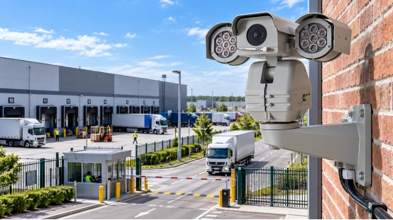 Wall-mounted PTZ camera at warehouse gate