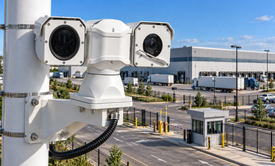Pole-mounted dual PTZ camera at facility gate